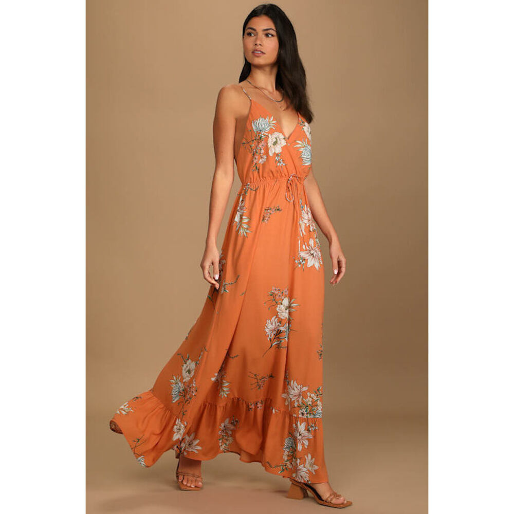 Lulus Endless Vacay Orange Floral Print Surplice Maxi Dress - Size S